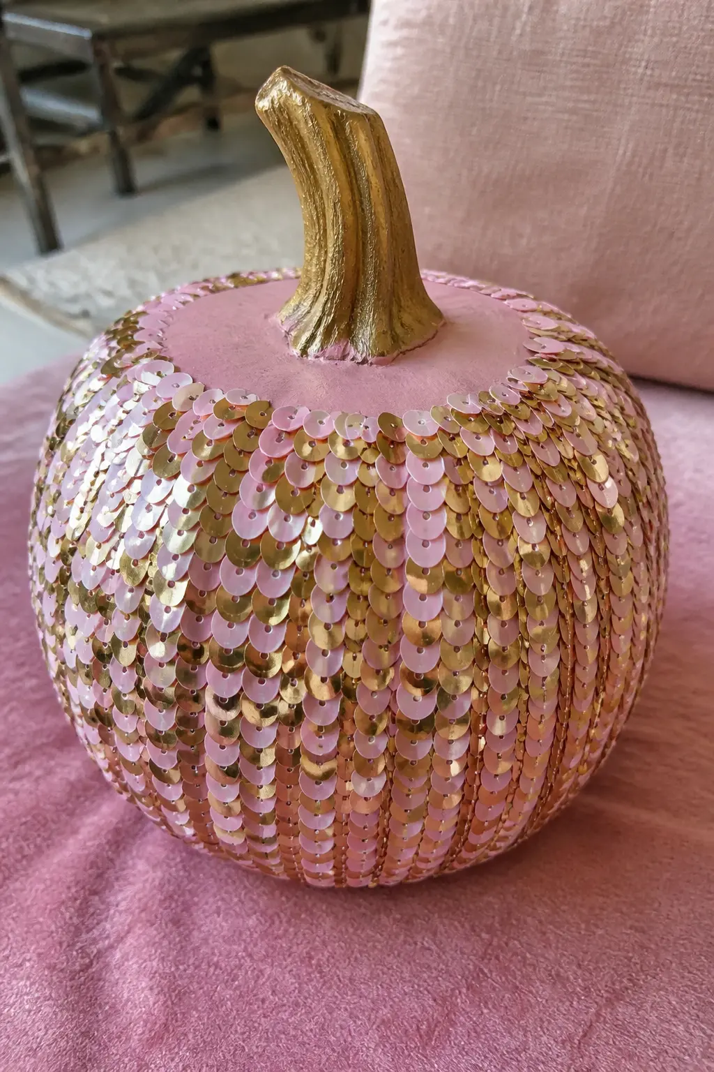 Pink Pumpkin With Sequins Glued in Rows — Paint the pumpkin candy pink. Glitter pumpkin
