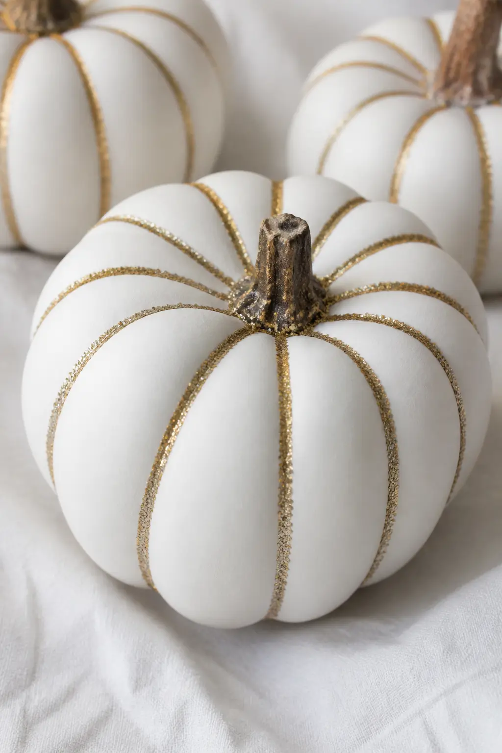 White Pumpkin With Glitter Only on the Ridges — Paint the pumpkin matte white. Glitter pumpkin