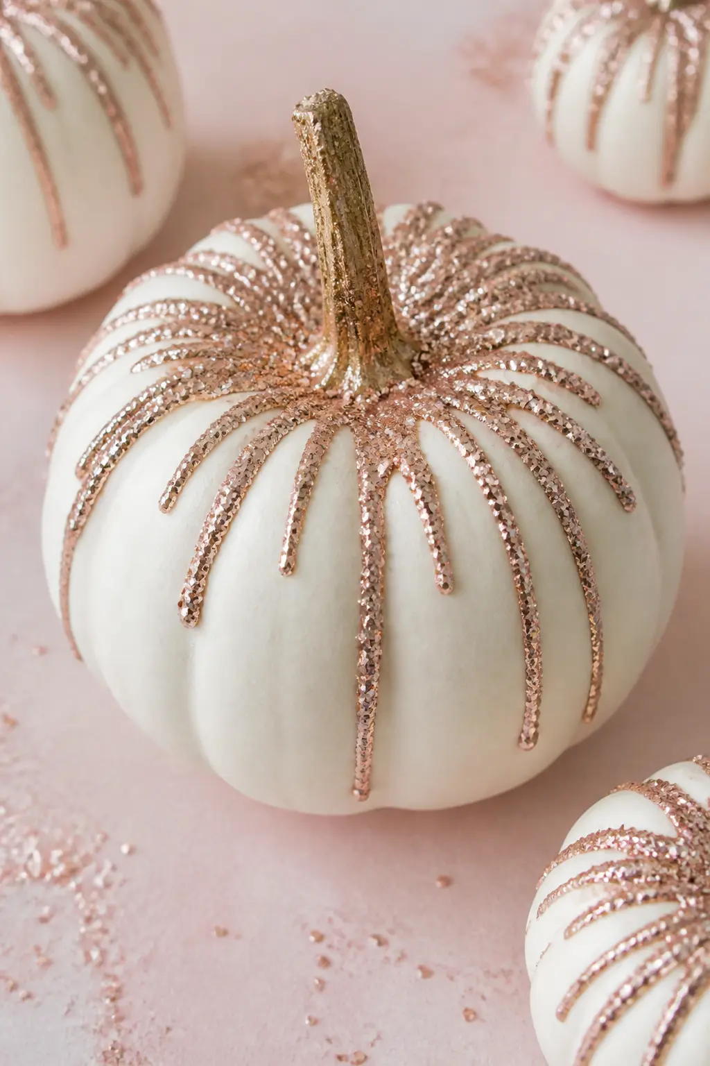 White Pumpkin With Rose Gold Glitter Drips Running From the Stem — Paint the pumpkin matte white. Glitter pumpkin
