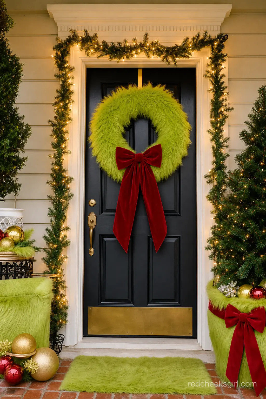A Furry Green Doorway — A faux fur wreath in lime green, wrapped with a wide cherry red velvet bow, turns a plain front door into the first photograph of the