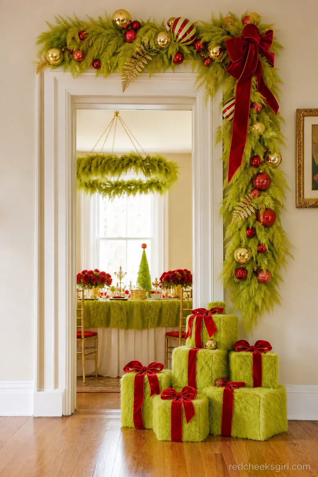 Grinch Fur Favor Box Display — A cluster of small boxes wrapped in shaggy lime green faux fur and tied with a wide cherry red velvet bow, stacked by size near