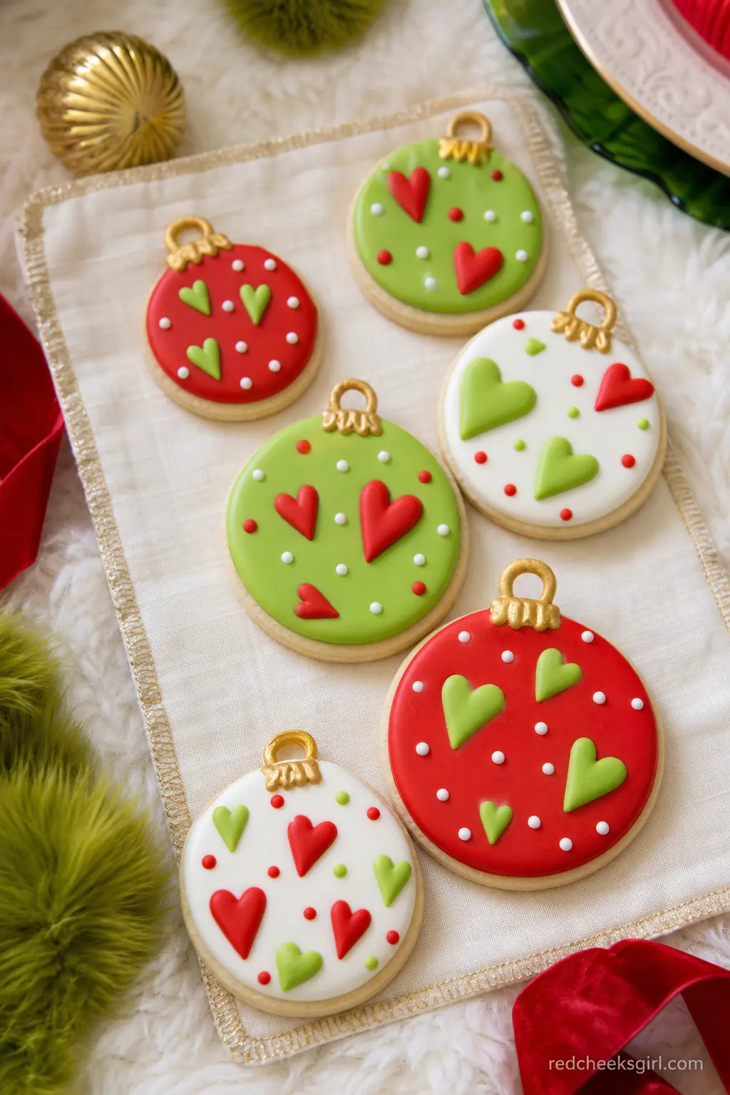 Iced Heart Ornament Cookies — Round cookies iced to look like ornament balls in red, white and green, each with a small gold loop drawn at the top in edible