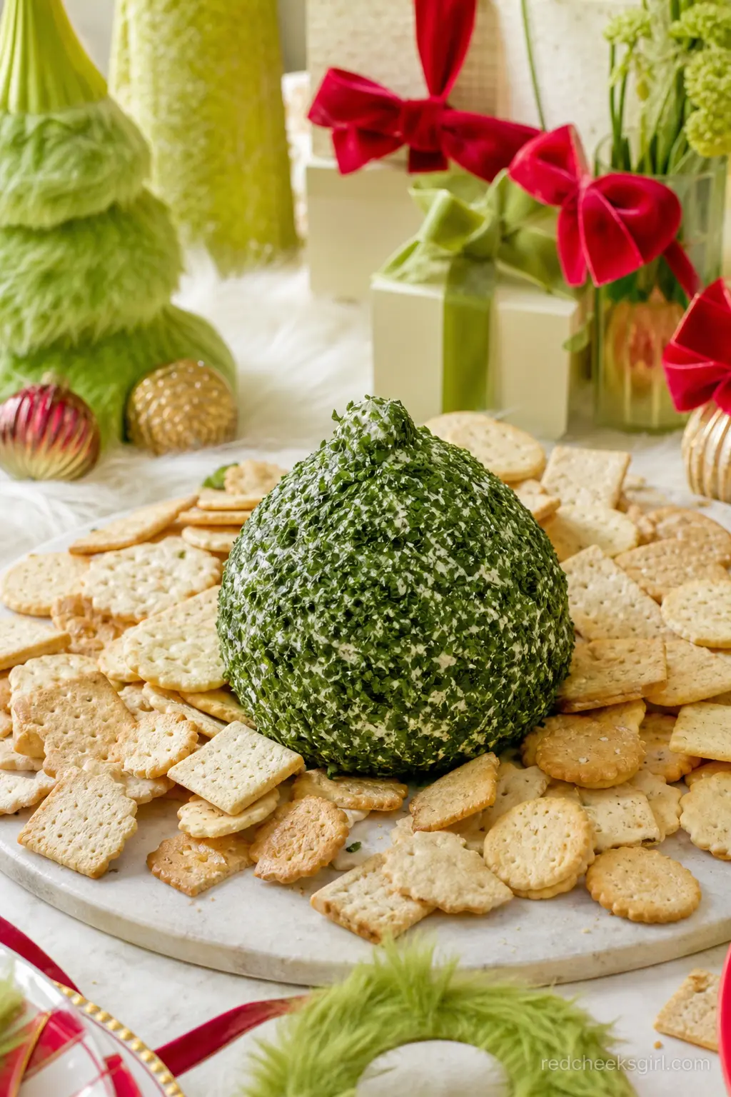 Mount Crumpit Cheese Ball — An herbed green cheese ball, rolled in chopped parsley and shaped into a small peak rather than a sphere, surrounded by crackers