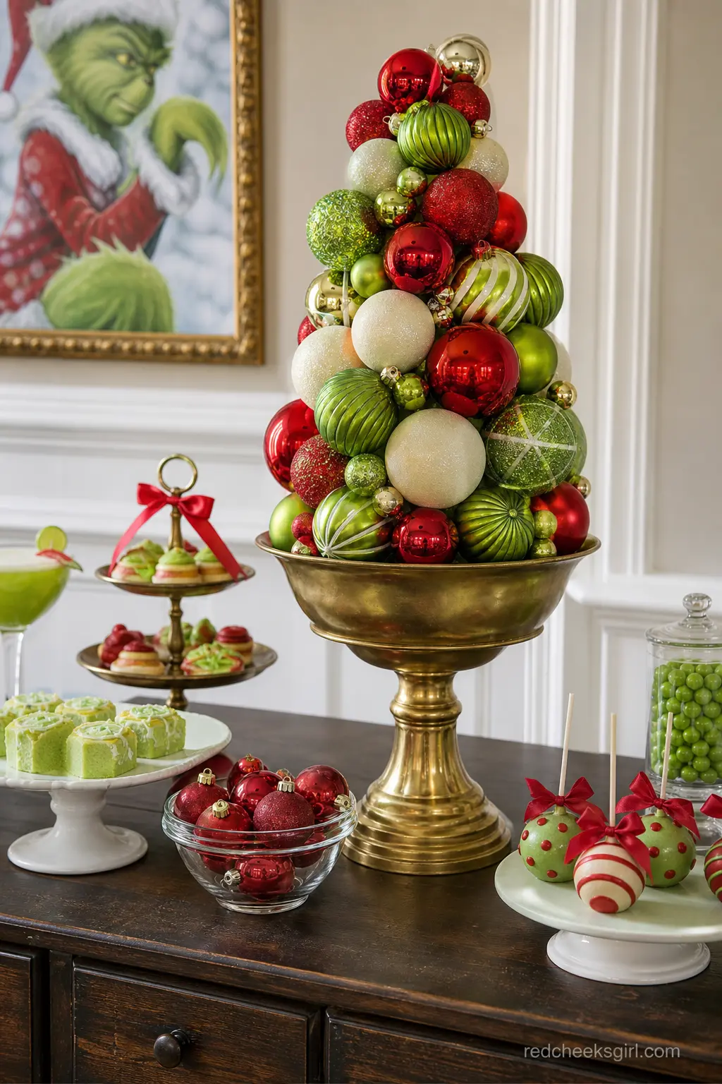 Ornament Ball Topiary — A tall gold urn packed with red, green and cream ornament balls of mixed sizes makes a centerpiece that looks like it belongs in a