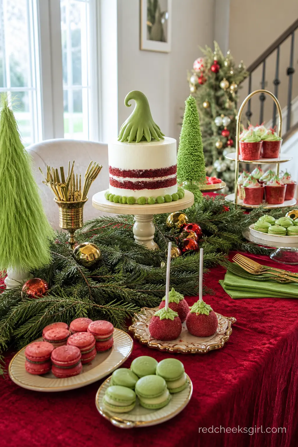 The Red Velvet Dessert Tablescape — A deep red velvet tablecloth under a cream cake stand and gold flatware turns the whole dessert spread into one cohesive