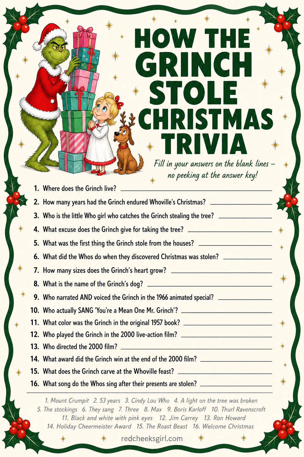 How the Grinch Stole Christmas Trivia printable