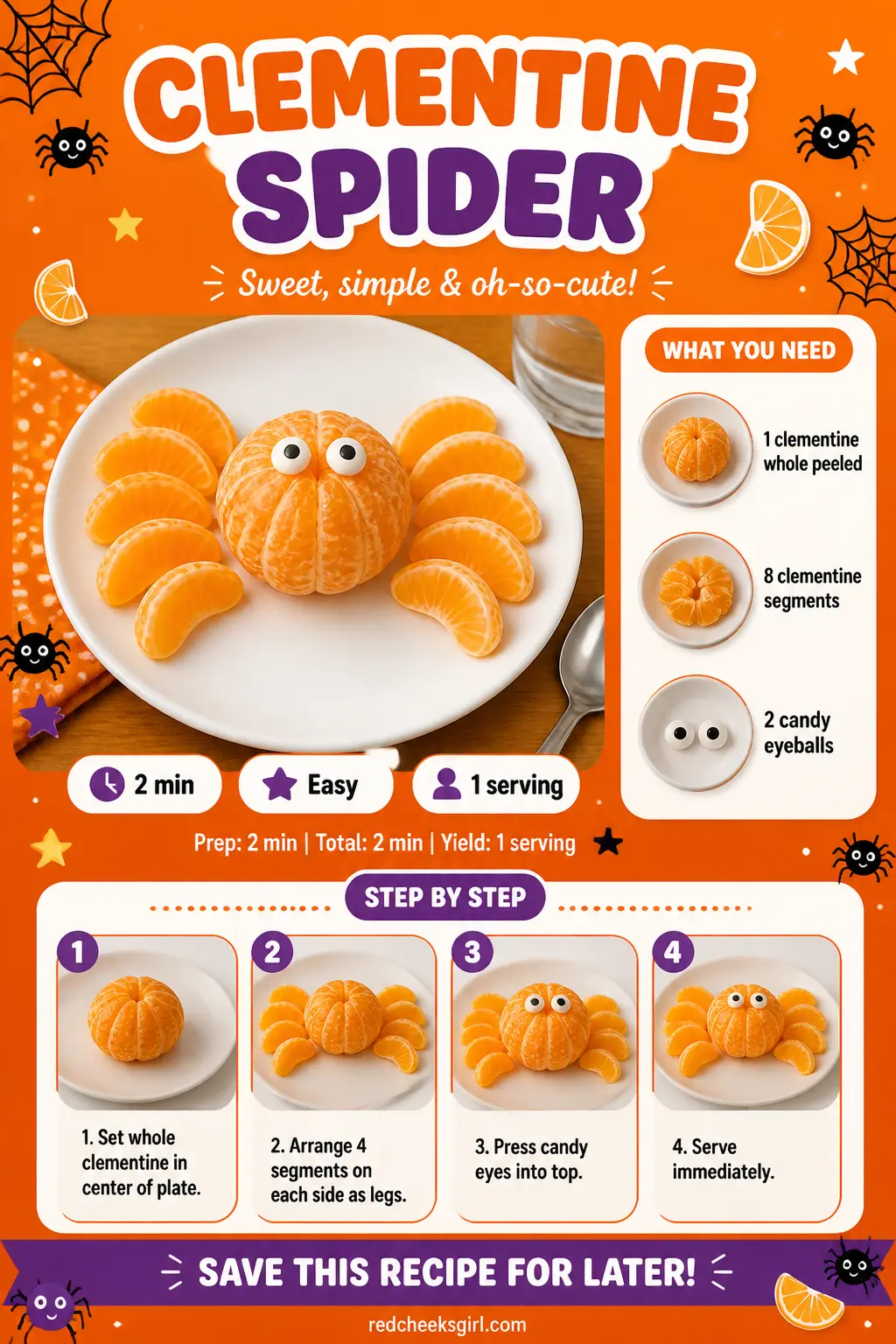 Clementine Spider Recipe Card printable sheet. Halloween breakfast ideas