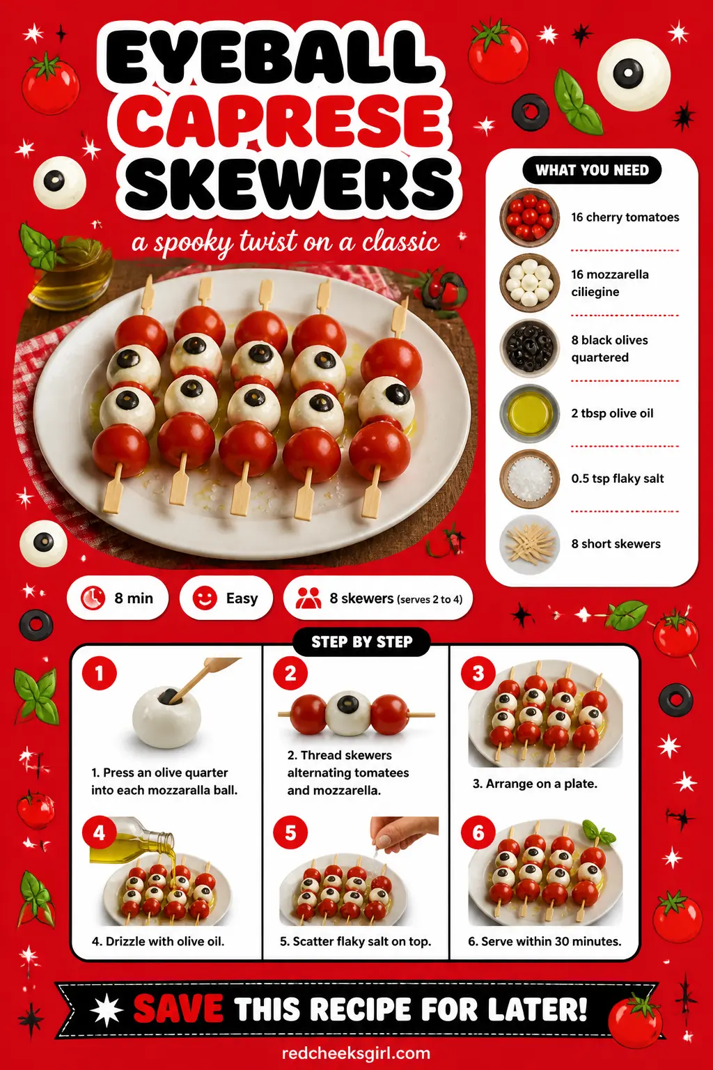Eyeball Caprese Skewers Recipe Card printable sheet. Halloween breakfast ideas