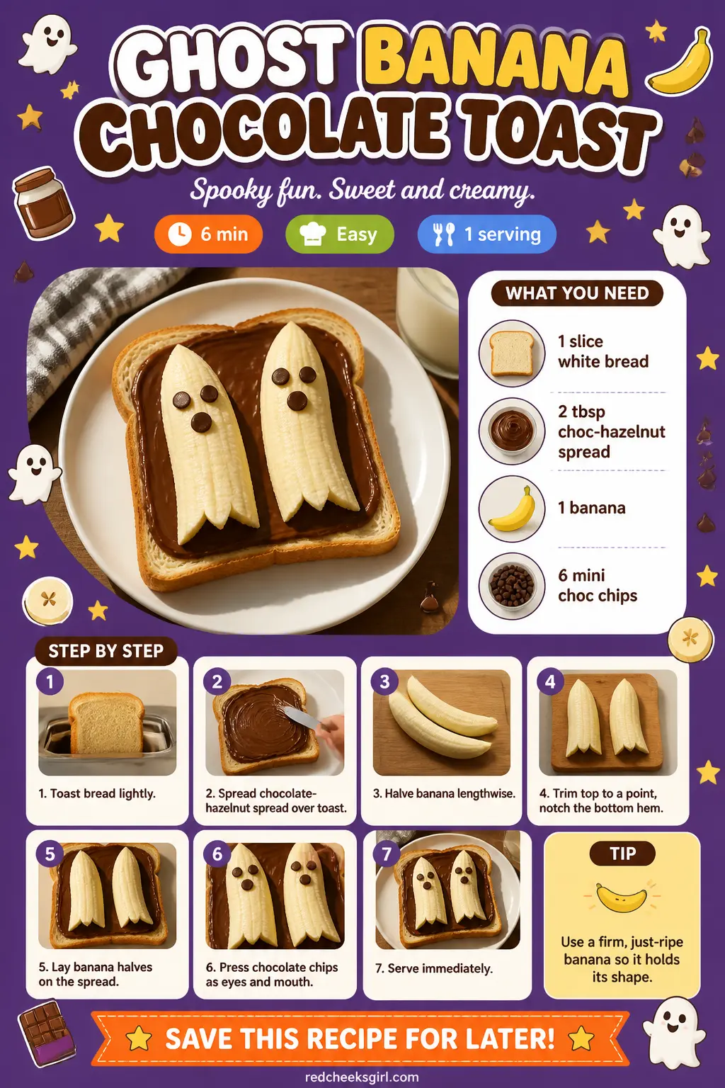 Ghost Banana Chocolate Toast Recipe Card printable sheet. Halloween breakfast ideas