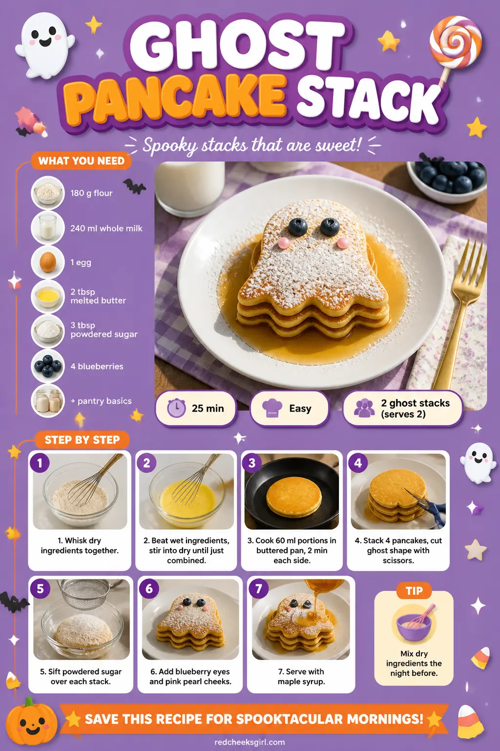 Ghost Pancake Stack Recipe Card printable sheet. Halloween breakfast ideas
