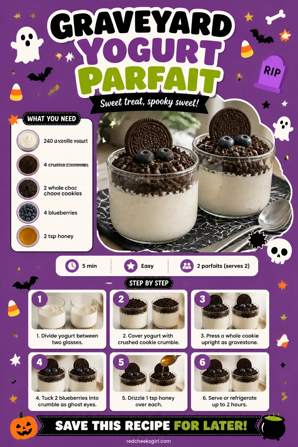 Graveyard Yogurt Parfait Recipe Card printable sheet. Halloween breakfast ideas
