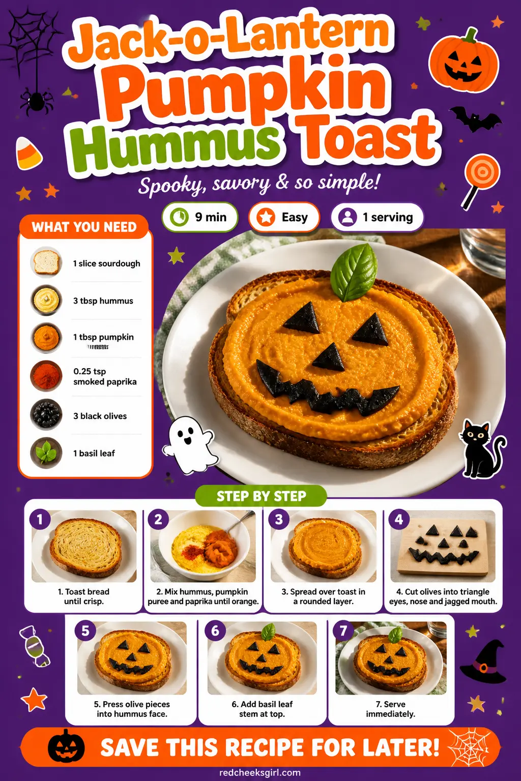 Jack-o-Lantern Pumpkin Hummus Toast Recipe Card printable sheet. Halloween breakfast ideas