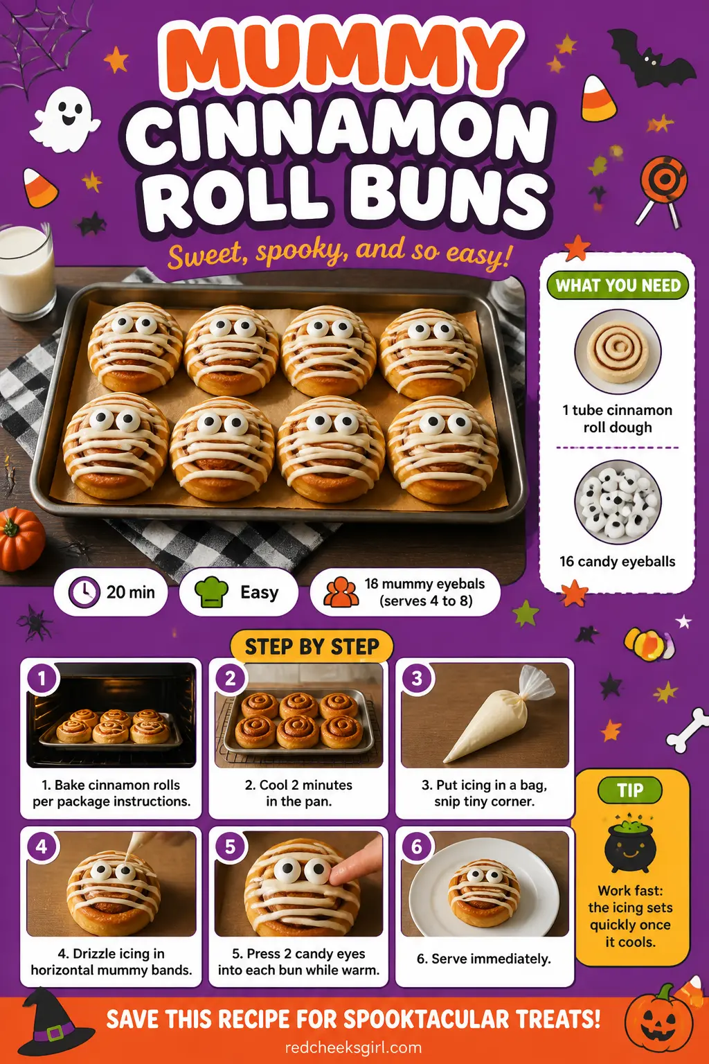 Mummy Cinnamon Roll Buns Recipe Card printable sheet. Halloween breakfast ideas