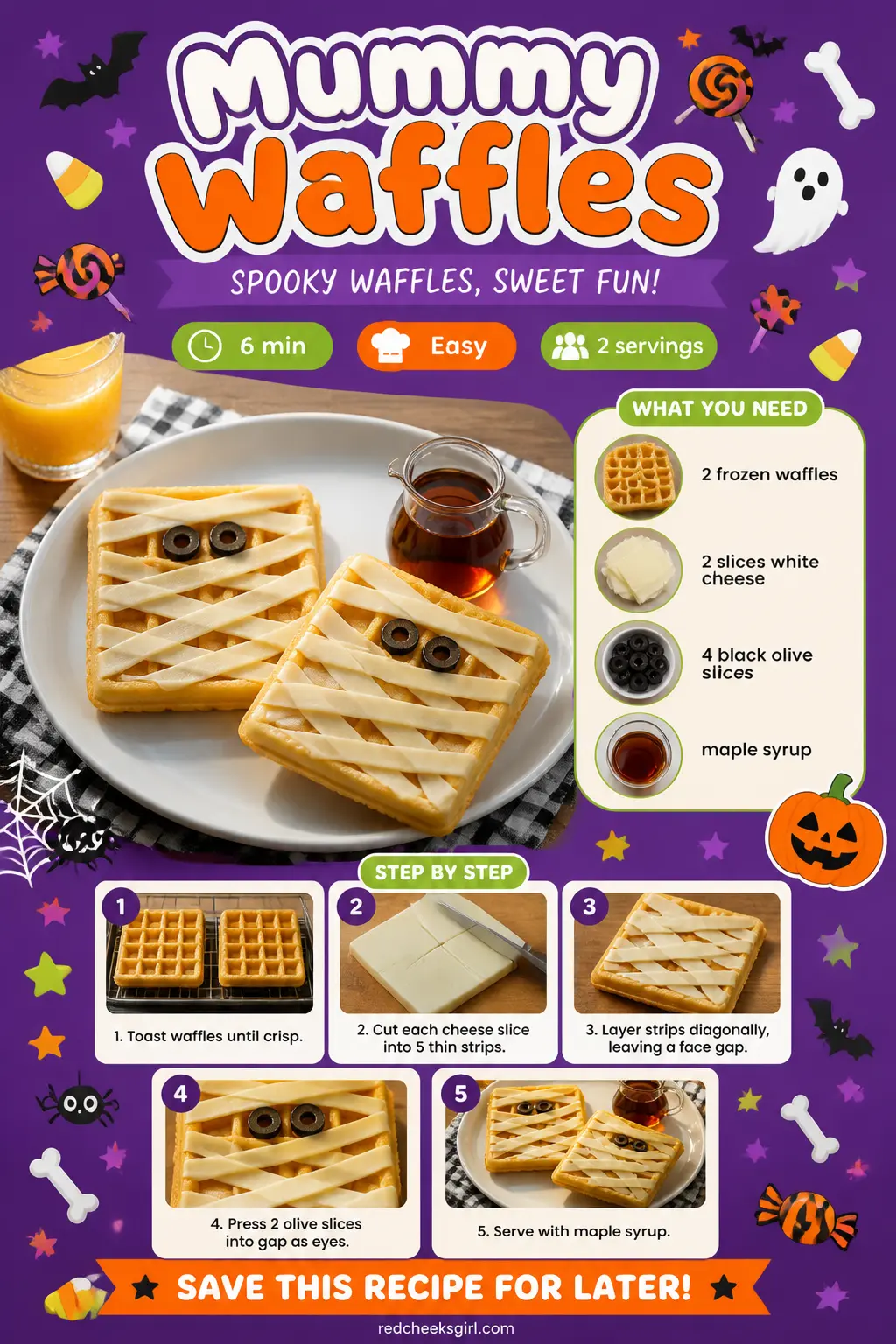 Mummy Waffles Recipe Card printable sheet. Halloween breakfast ideas