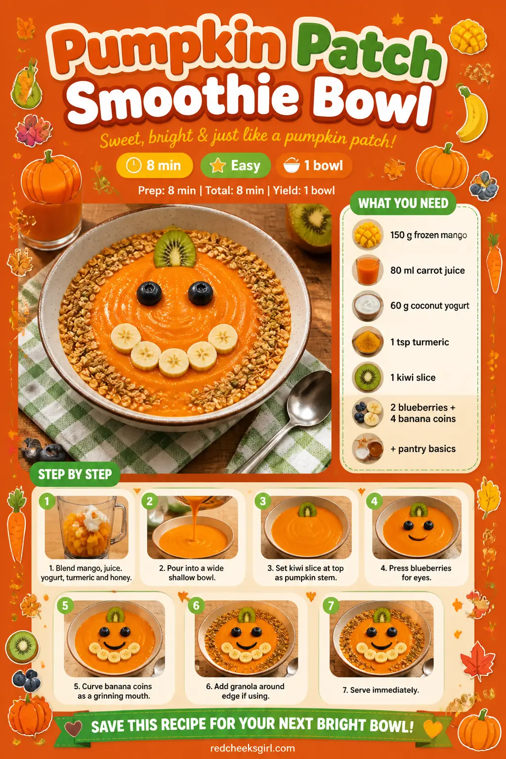 Pumpkin Patch Smoothie Bowl Recipe Card printable sheet. Halloween breakfast ideas