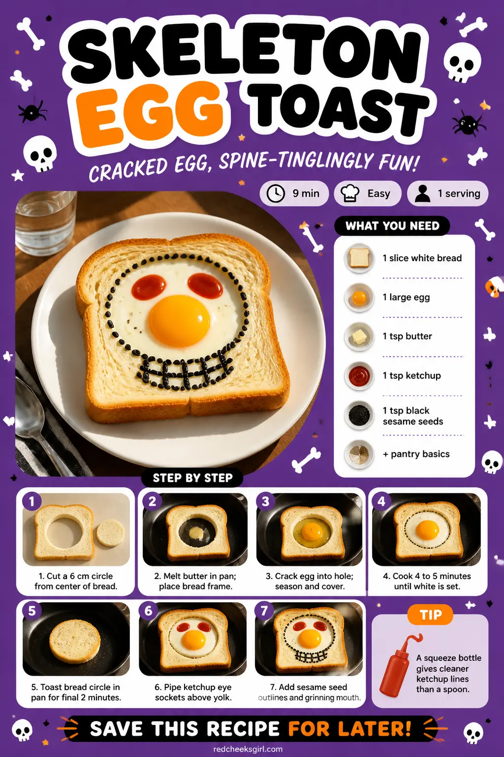 Skeleton Egg Toast Recipe Card printable sheet. Halloween breakfast ideas