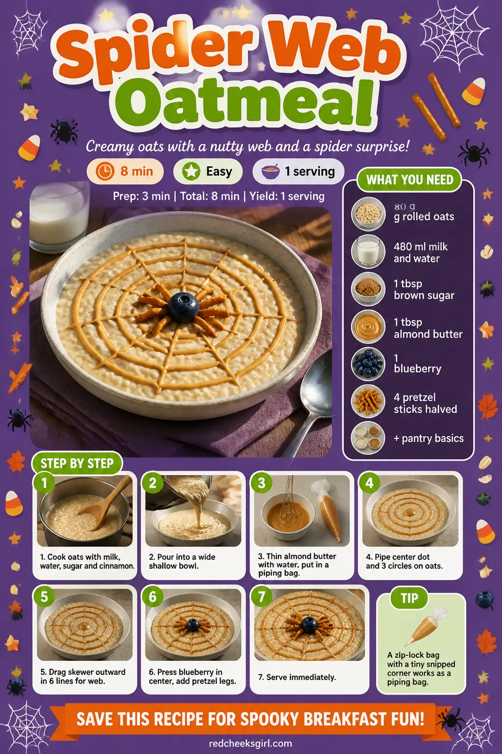 Spider Web Oatmeal Recipe Card printable sheet. Halloween breakfast ideas