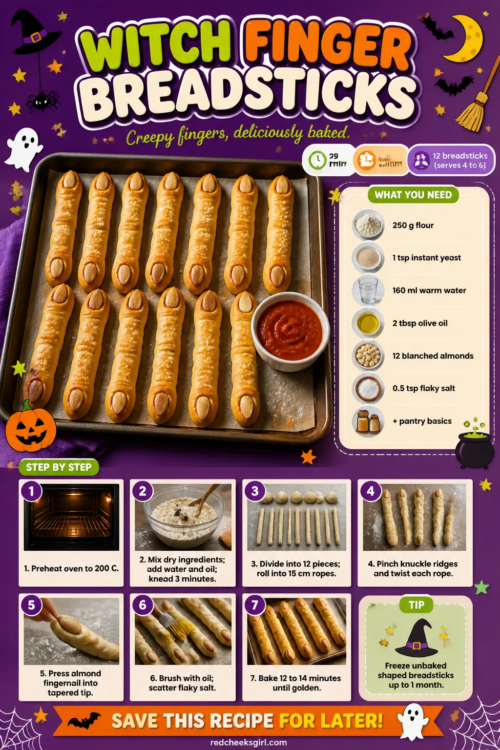 Witch Finger Breadsticks Recipe Card printable sheet. Halloween breakfast ideas