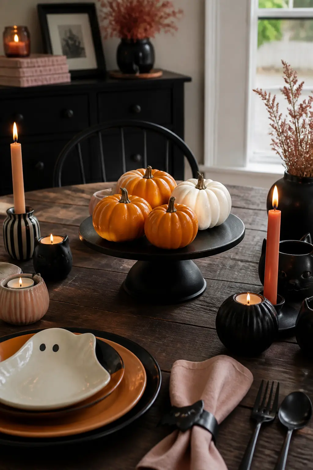 Black Ceramic Cake Stand as Centrepiece Base — A matte black ceramic cake stand is useful every month of the year and spectacular in October. Halloween