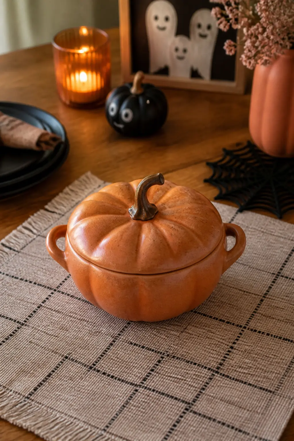 Ceramic Pumpkin Soup Bowl Service — Pumpkin-shaped ceramic soup bowls with lids shaped as stems have existed for years and remain the single most effective