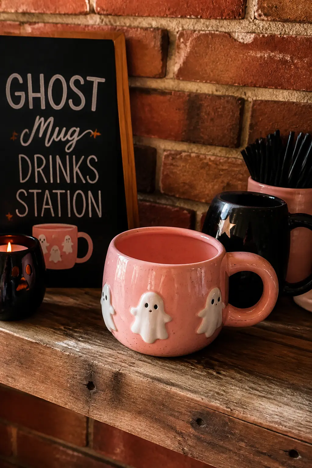 Ghost Mug Drinks Station — A speckled pink or lavender mug with raised ghost figures is a specific kind of beautiful: handmade-looking, soft in palette, and