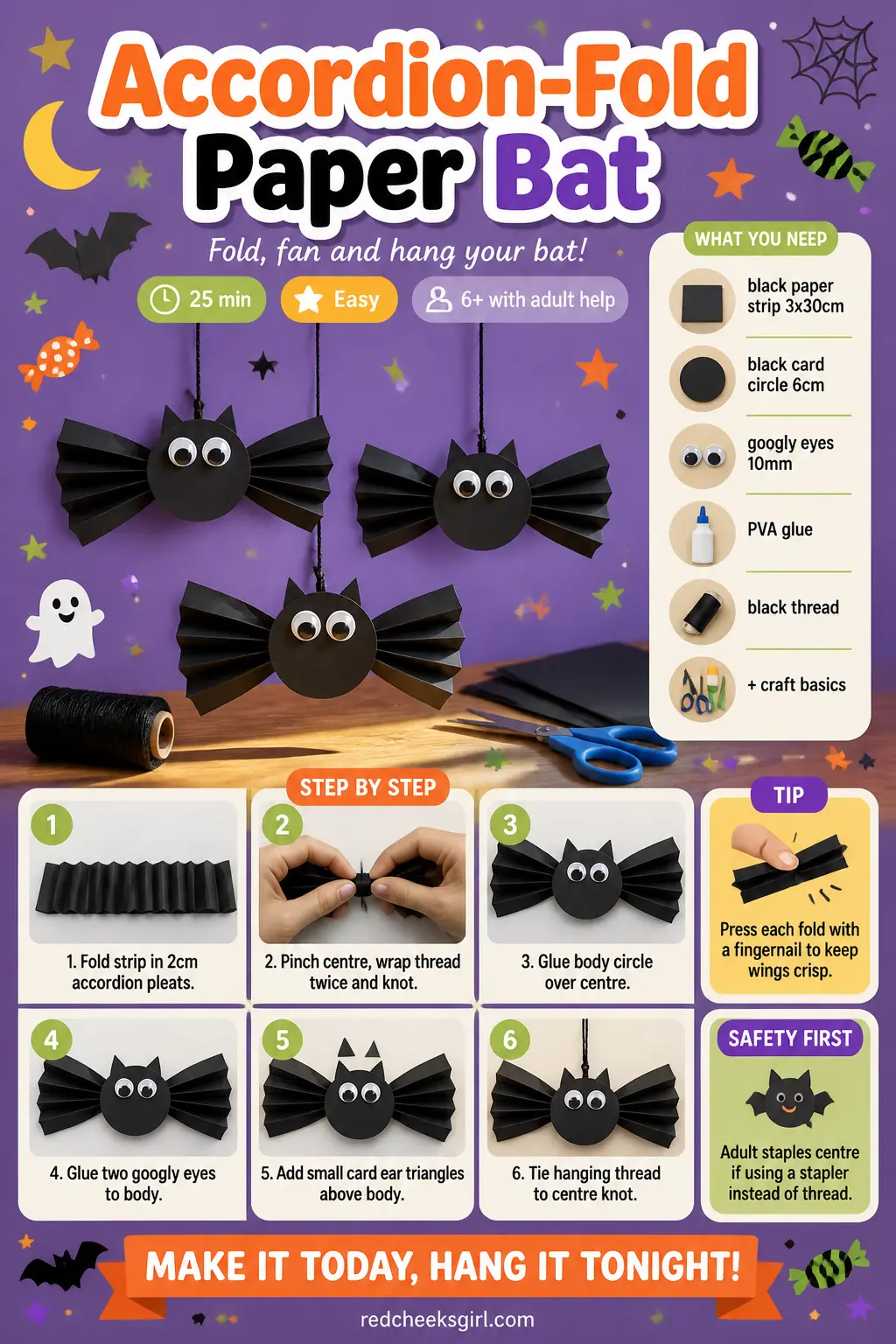 Accordion-Fold Paper Bat Craft Card printable sheet. Halloween crafts for kids elementary