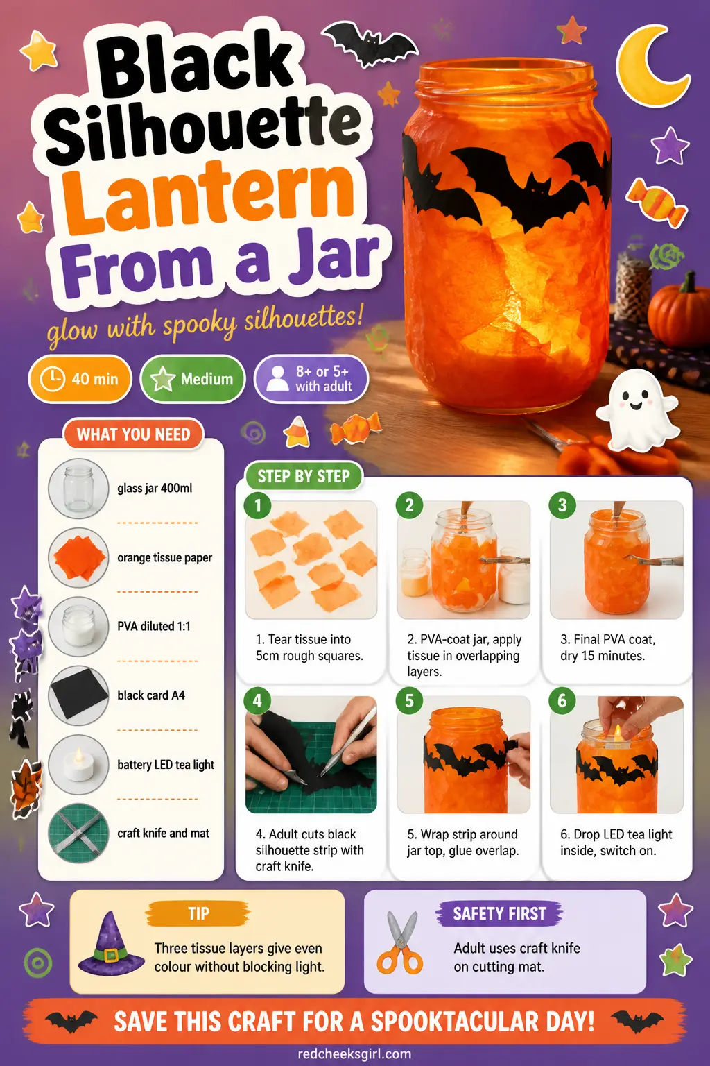 Black Silhouette Lantern From a Jar Craft Card printable sheet. Halloween crafts for kids elementary