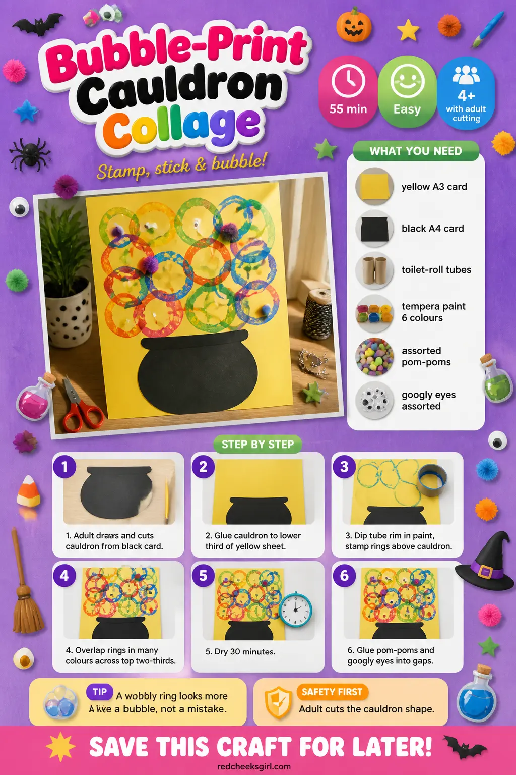 Bubble-Print Cauldron Collage Craft Card printable sheet. Halloween crafts for kids elementary