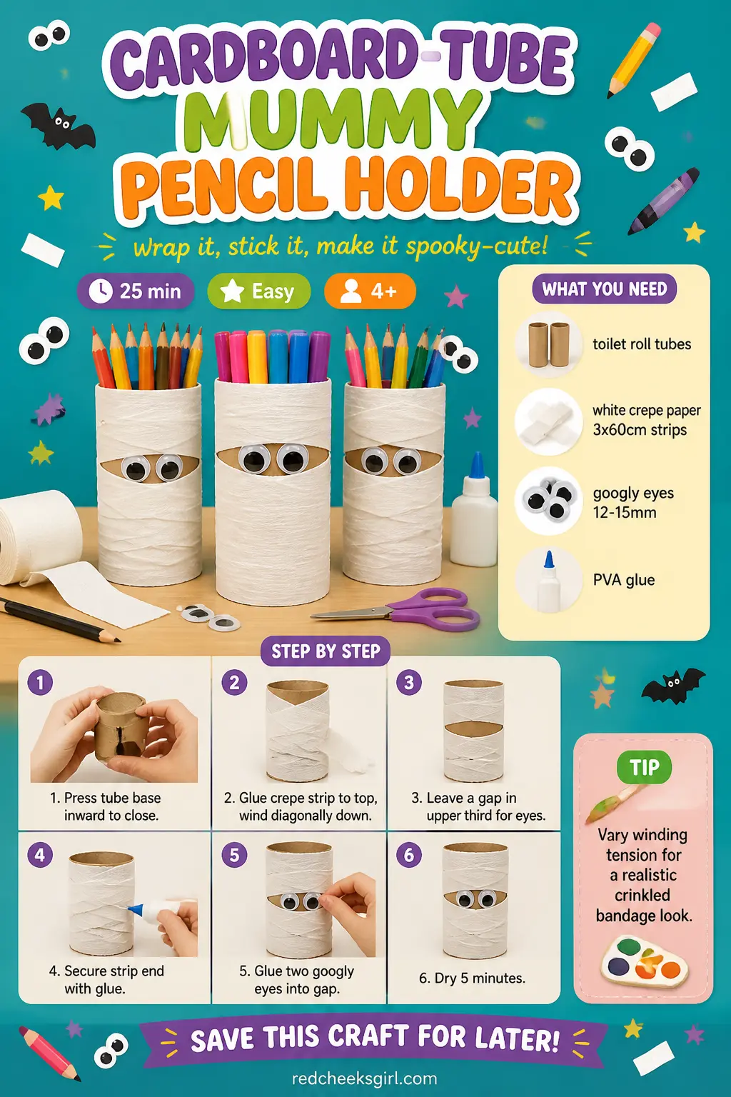 Cardboard-Tube Mummy Pencil Holder Craft Card printable sheet. Halloween crafts for kids elementary