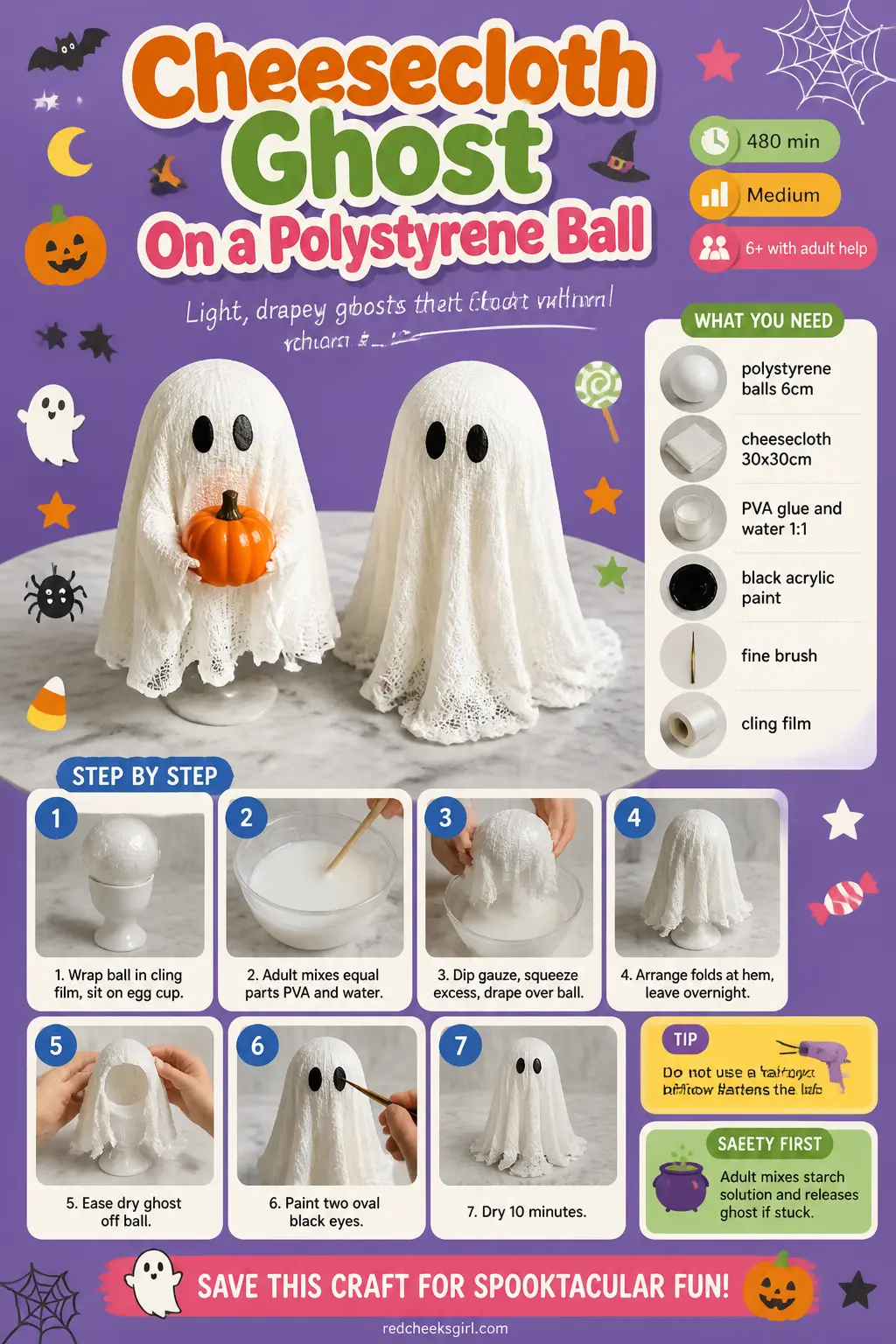 Cheesecloth Ghost On a Polystyrene Ball Craft Card printable sheet. Halloween crafts for kids elementary