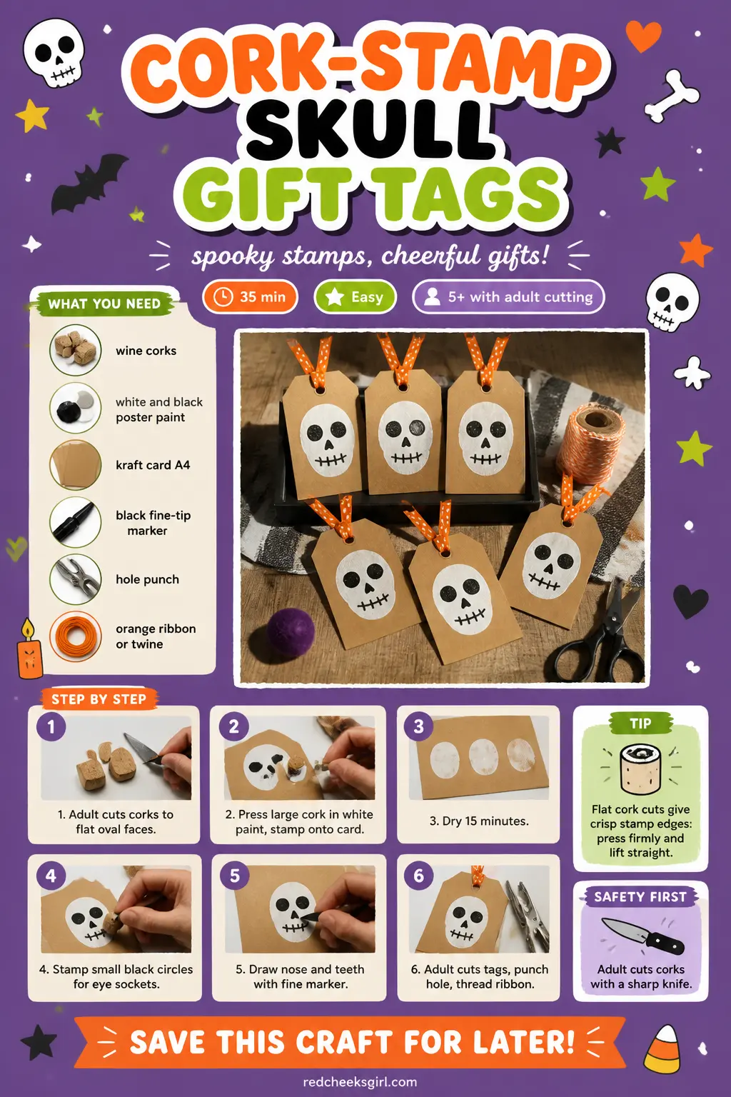 Cork-Stamp Skull Gift Tags Craft Card printable sheet. Halloween crafts for kids elementary