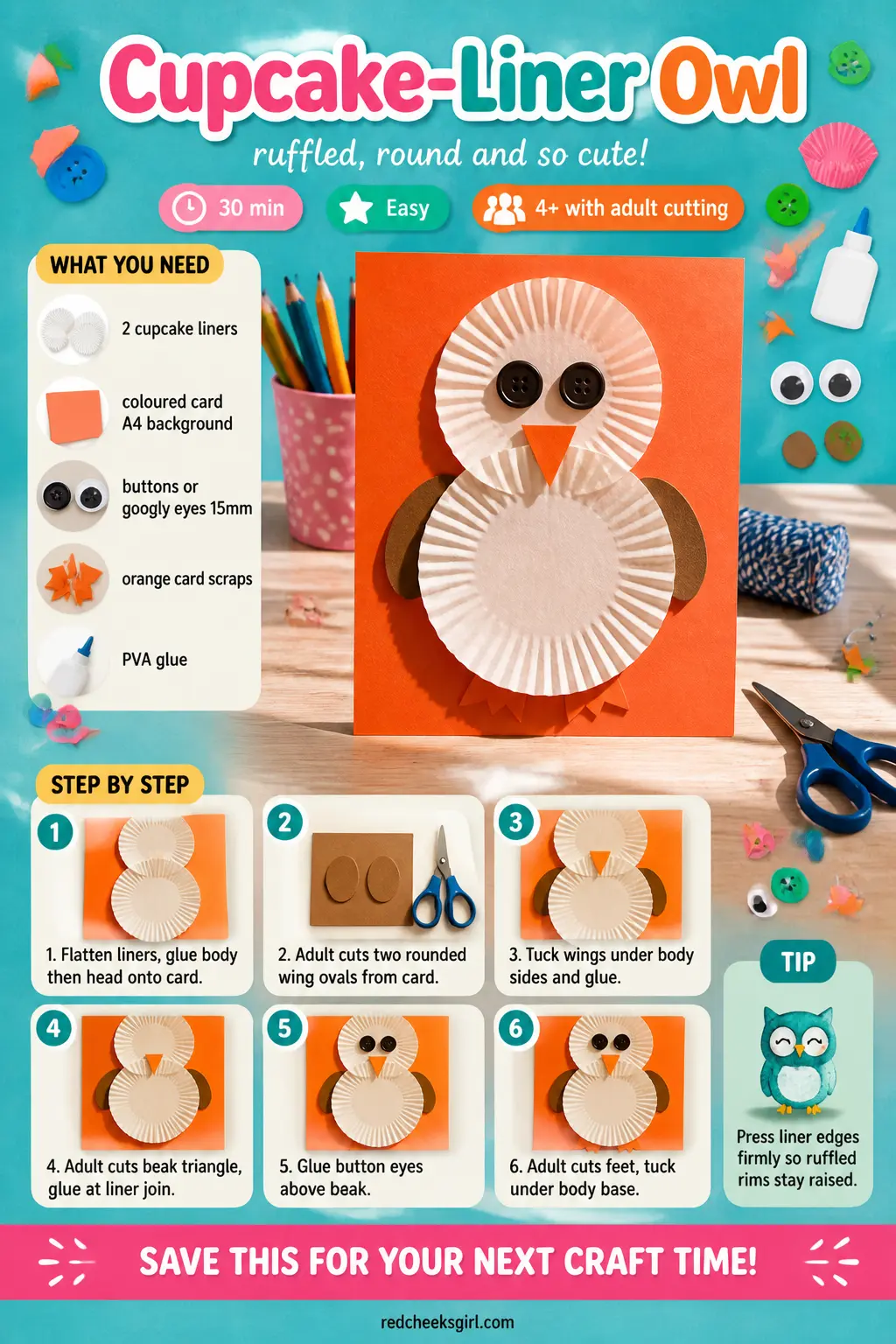 Cupcake-Liner Owl Craft Card printable sheet. Halloween crafts for kids elementary