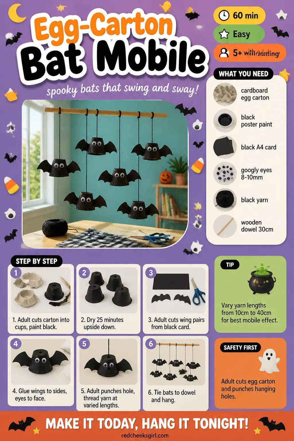 Egg-Carton Bat Mobile Craft Card printable sheet. Halloween crafts for kids elementary