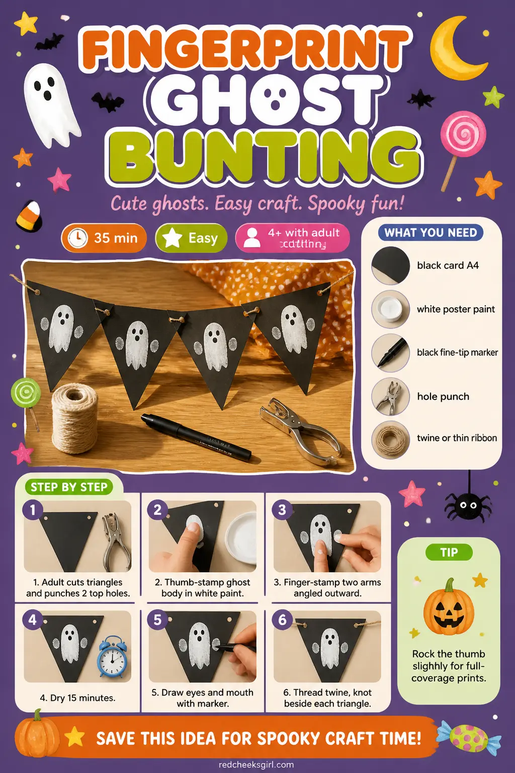 Fingerprint Ghost Bunting Craft Card printable sheet. Halloween crafts for kids elementary