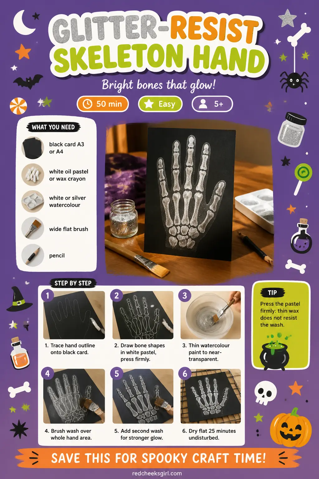 Glitter-Resist Skeleton Hand Craft Card printable sheet. Halloween crafts for kids elementary