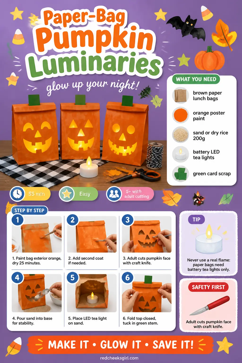 Paper-Bag Pumpkin Luminaries Craft Card printable sheet. Halloween crafts for kids elementary