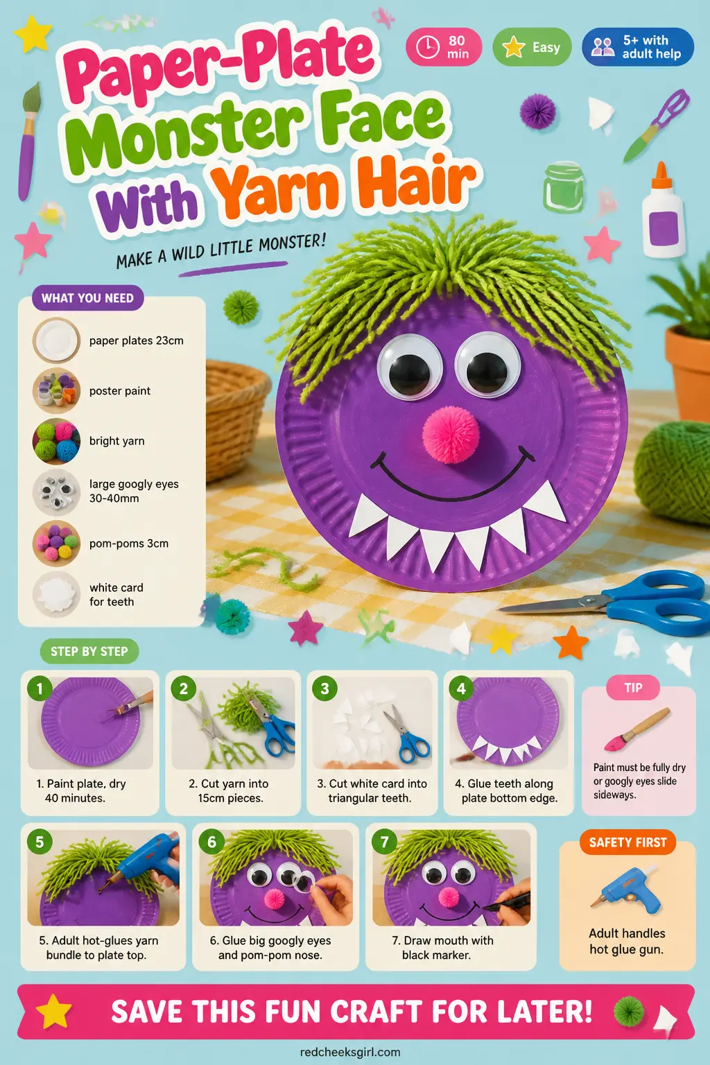 Paper-Plate Monster Face With Yarn Hair Craft Card printable sheet. Halloween crafts for kids elementary