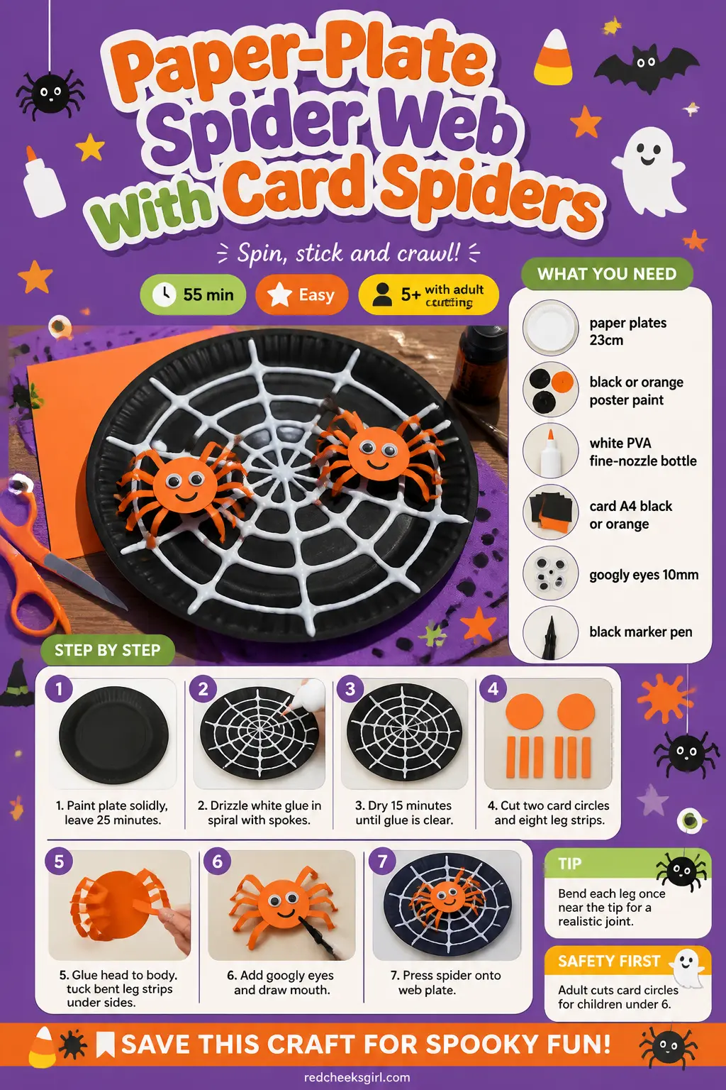 Paper-Plate Spider Web With Card Spiders Craft Card printable sheet. Halloween crafts for kids elementary