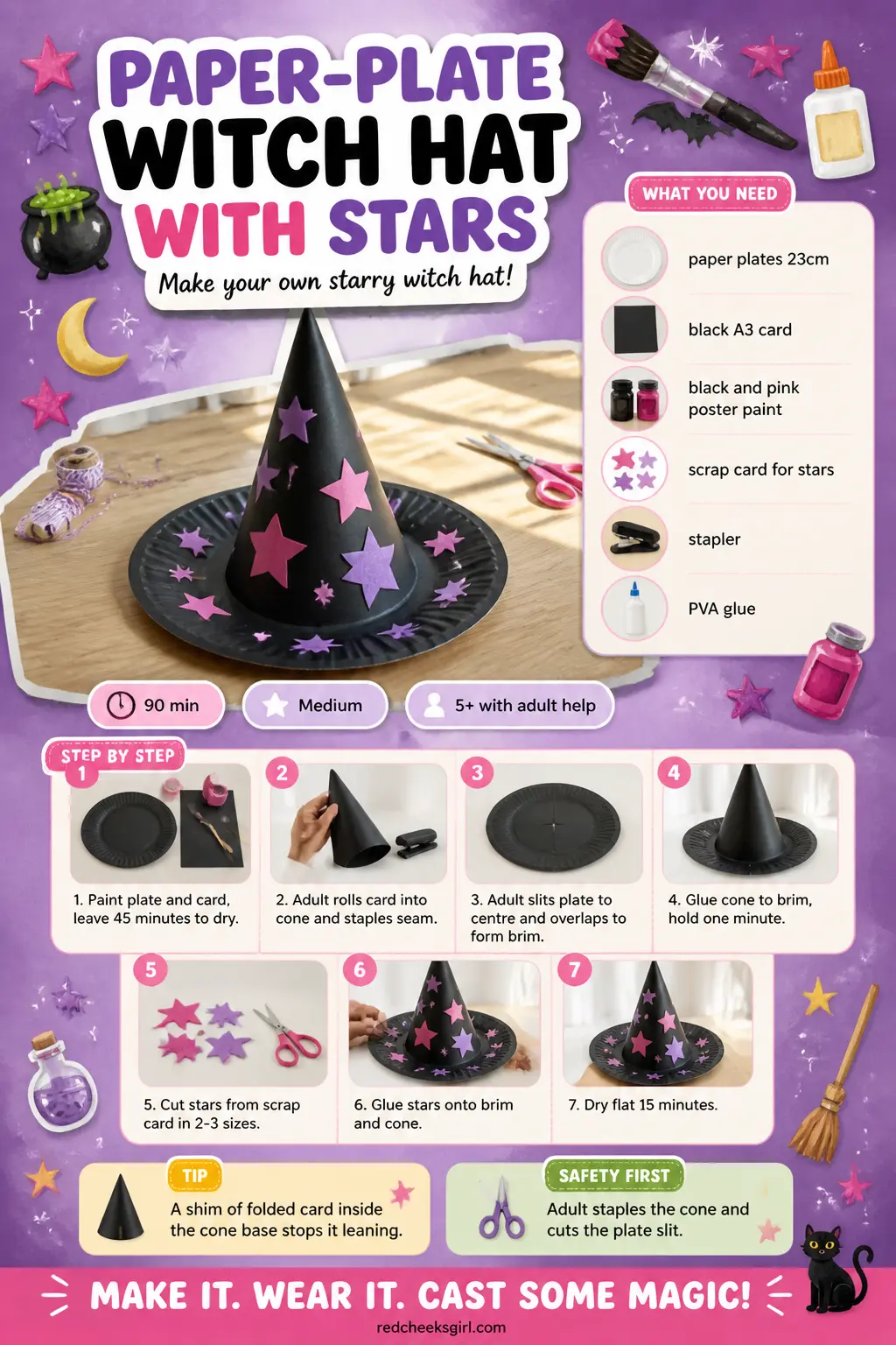 Paper-Plate Witch Hat With Stars Craft Card printable sheet. Halloween crafts for kids elementary