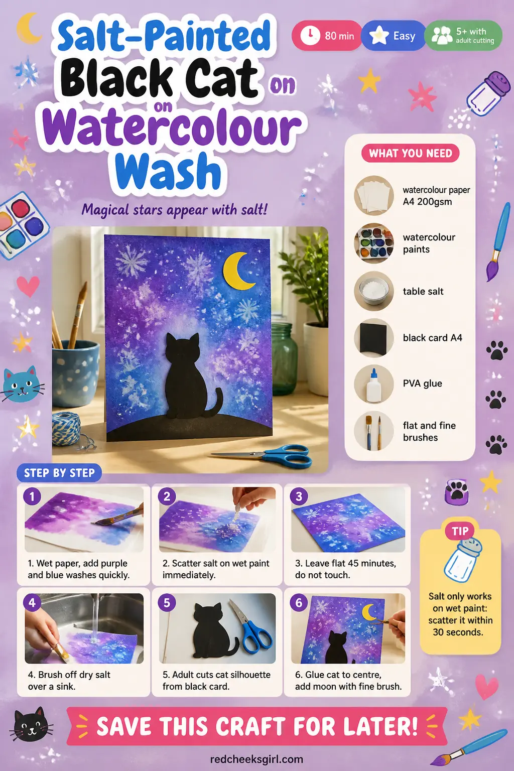 Salt-Painted Black Cat on Watercolour Wash Craft Card printable sheet. Halloween crafts for kids elementary