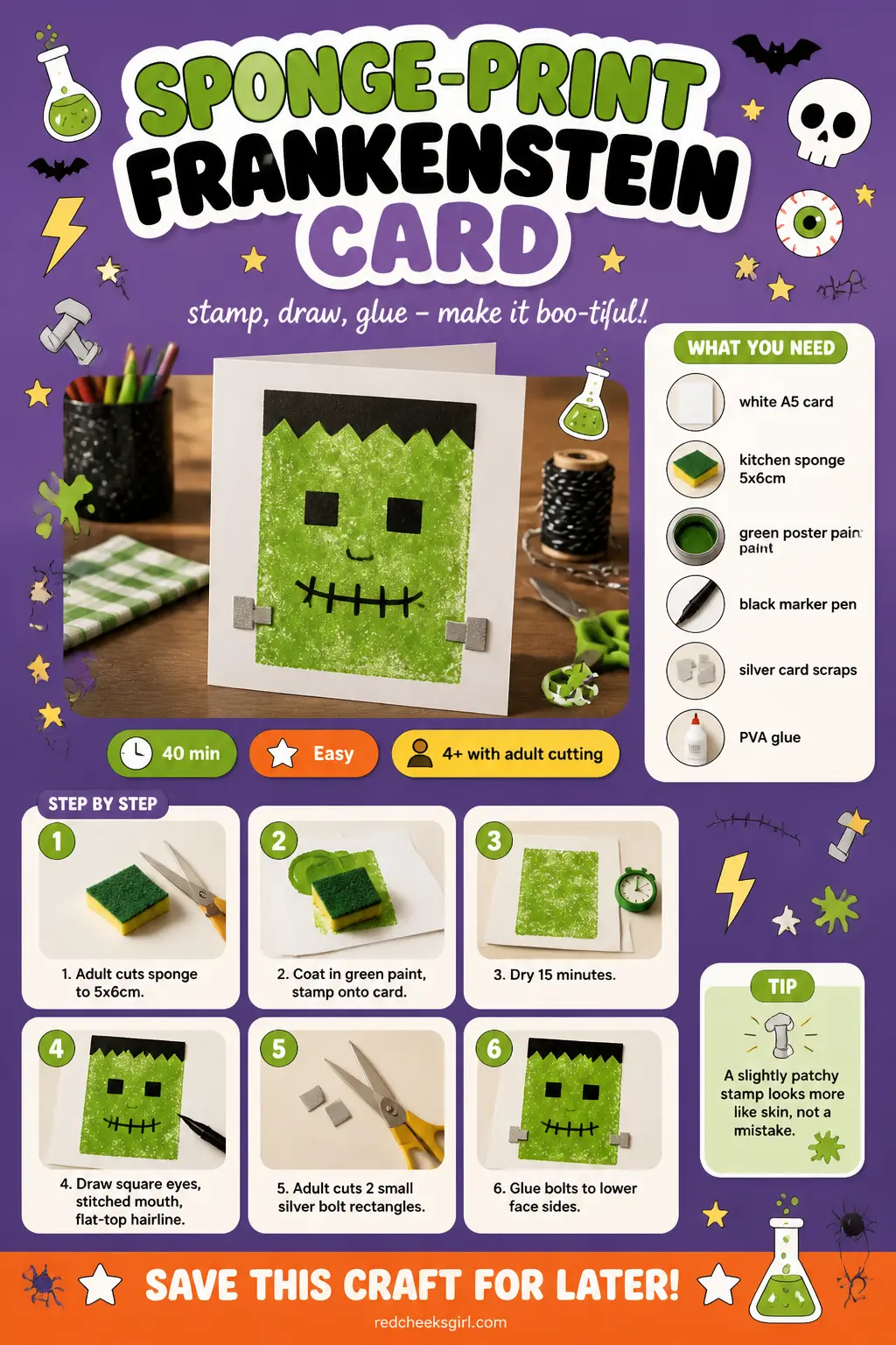 Sponge-Print Frankenstein Card Craft Card printable sheet. Halloween crafts for kids elementary