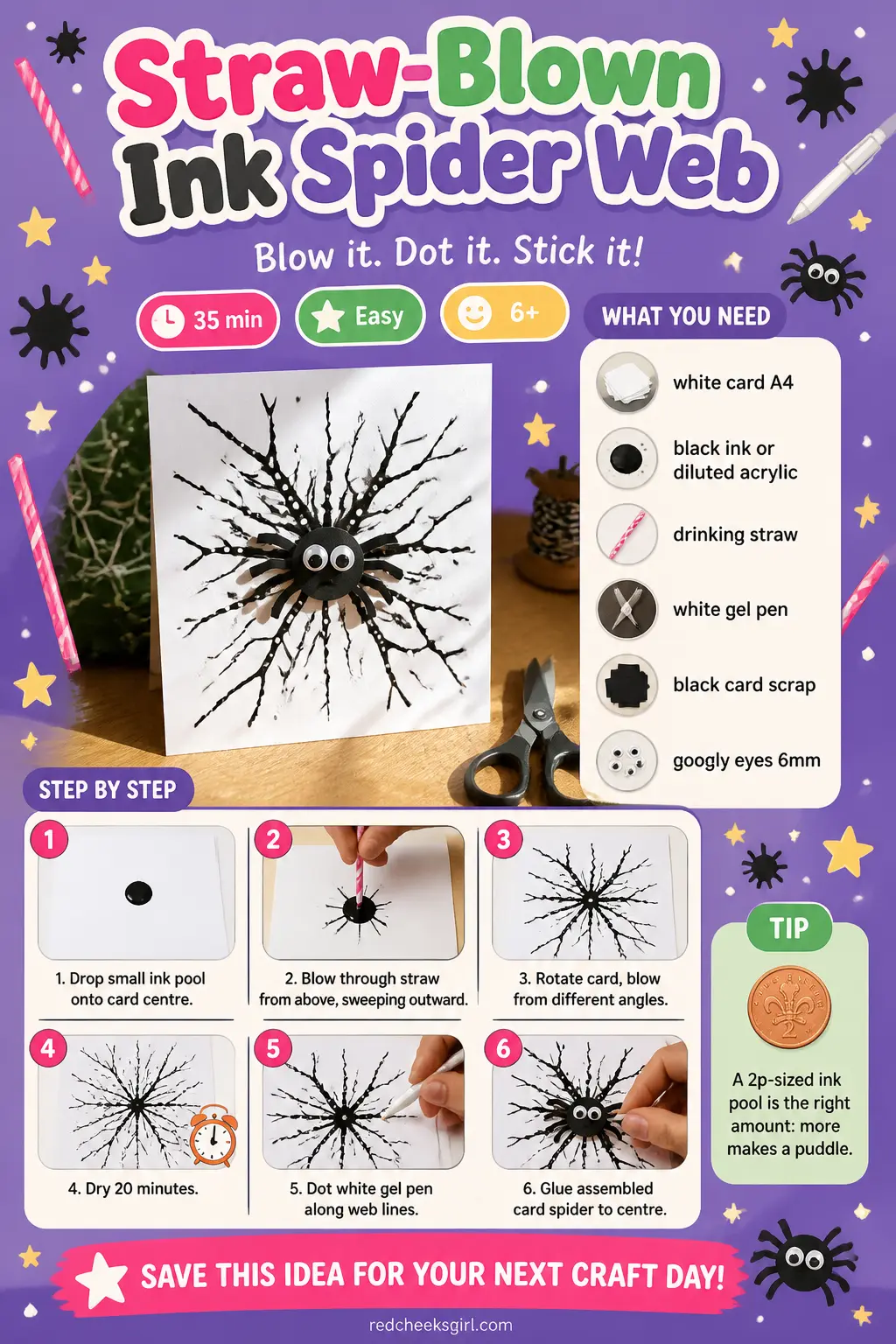 Straw-Blown Ink Spider Web Craft Card printable sheet. Halloween crafts for kids elementary