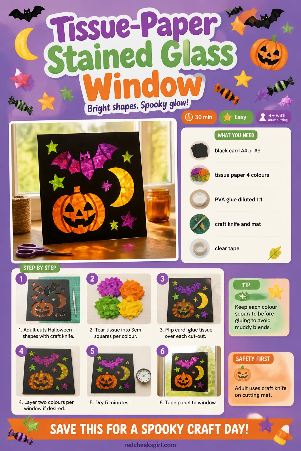 Tissue-Paper Stained Glass Window Craft Card printable sheet. Halloween crafts for kids elementary
