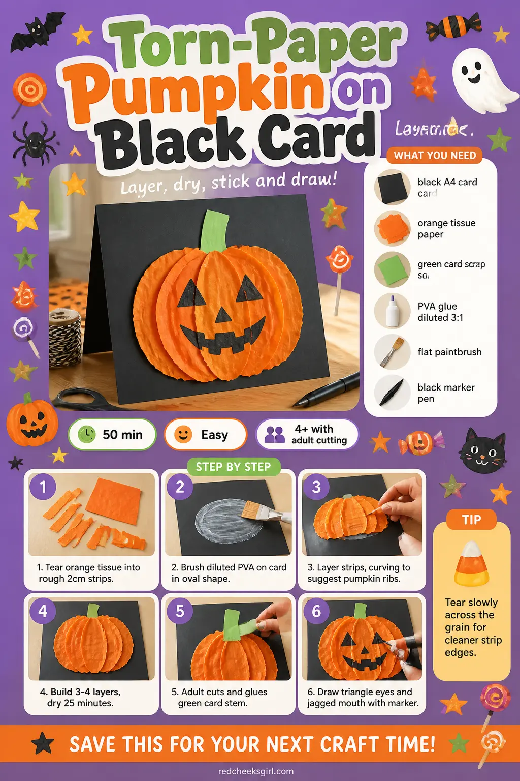 Torn-Paper Pumpkin on Black Card Craft Card printable sheet. Halloween crafts for kids elementary