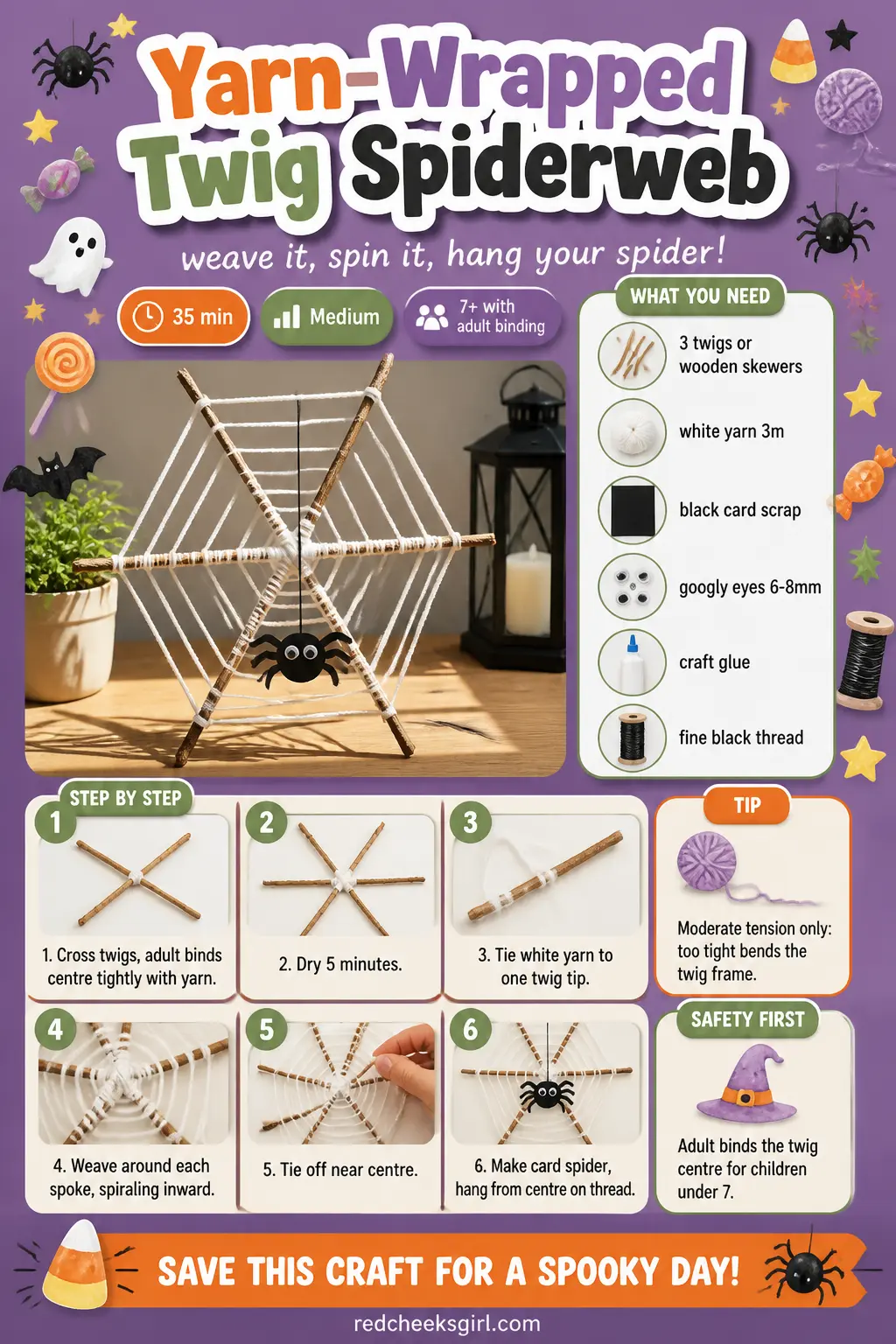 Yarn-Wrapped Twig Spiderweb Craft Card printable sheet. Halloween crafts for kids elementary