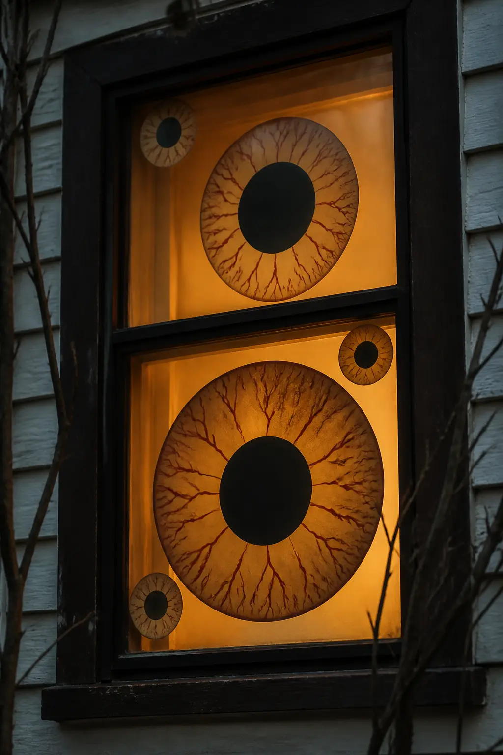 Backlit Eyeball Window Cling — Cut an iris and pupil shape from black and coloured card stock and tape them to the inside of a window so they are visible as a
