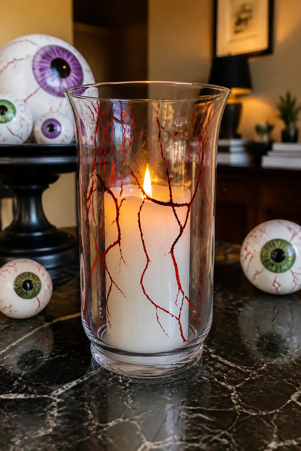 Bloodshot Candle Hurricane — Take a clear glass hurricane vase and use red glass paint to draw branching veins from the base upward, stopping before they reach