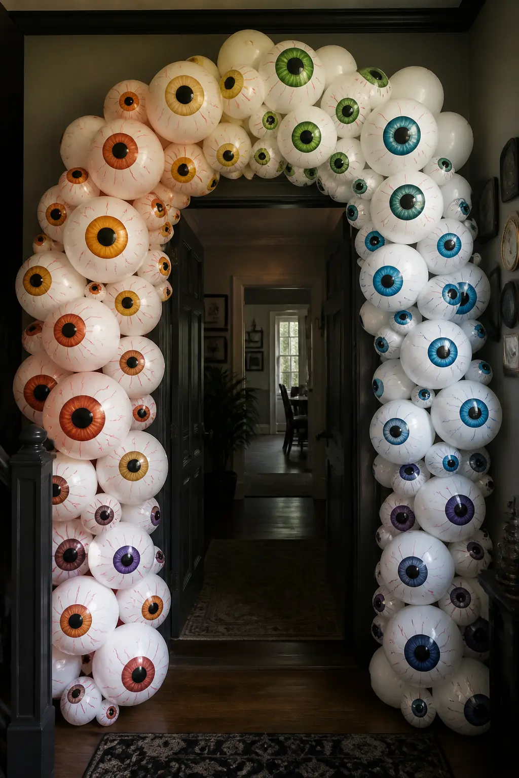 Eyeball Balloon Arch Entry — Build a simple balloon arch over a doorframe using a balloon decorating strip and white balloons, every one of which you have