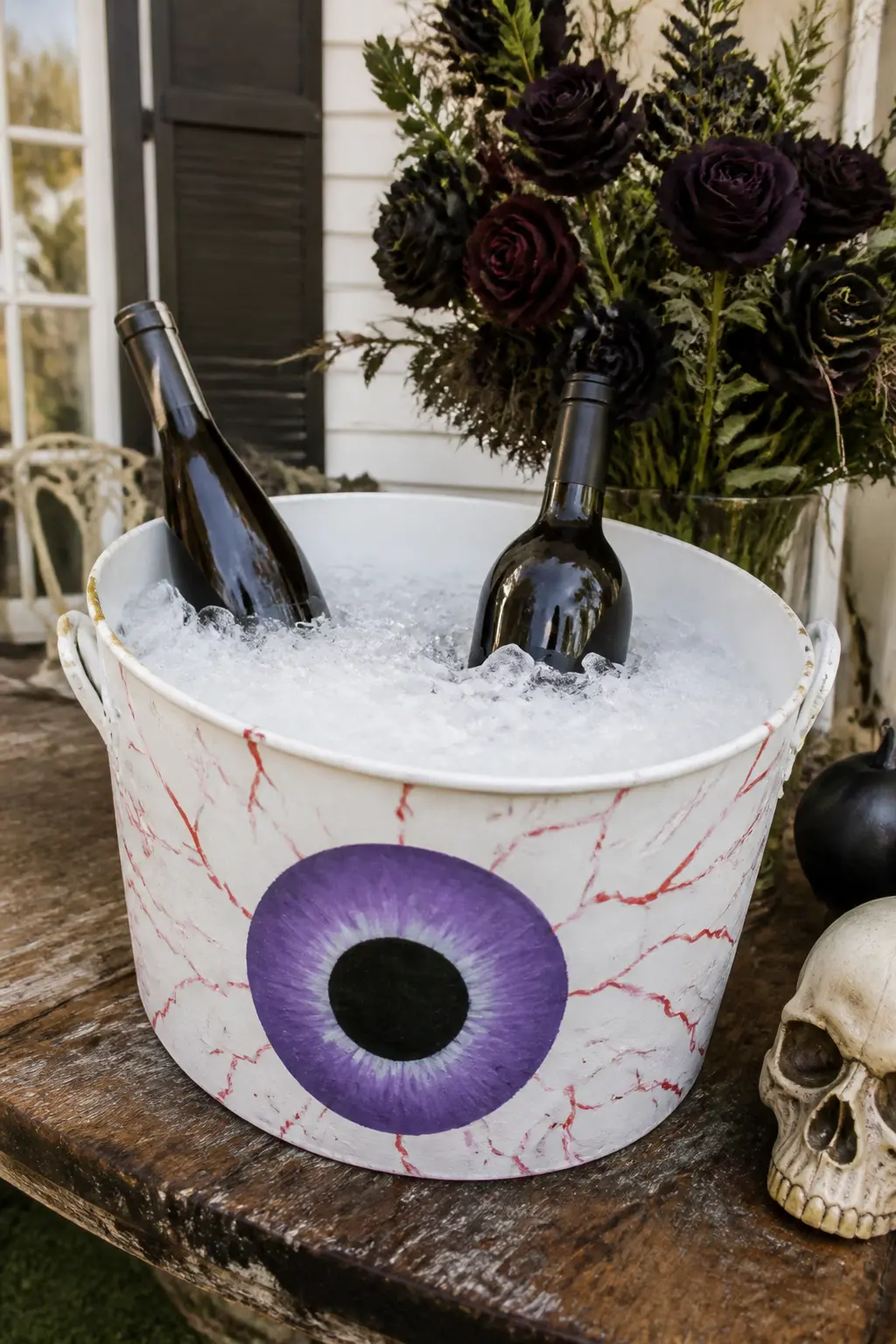 Eyeball Ice Bucket — Paint a plain white bucket or use a white enamel ice bucket as the base. Halloween decorations diy eyeballs