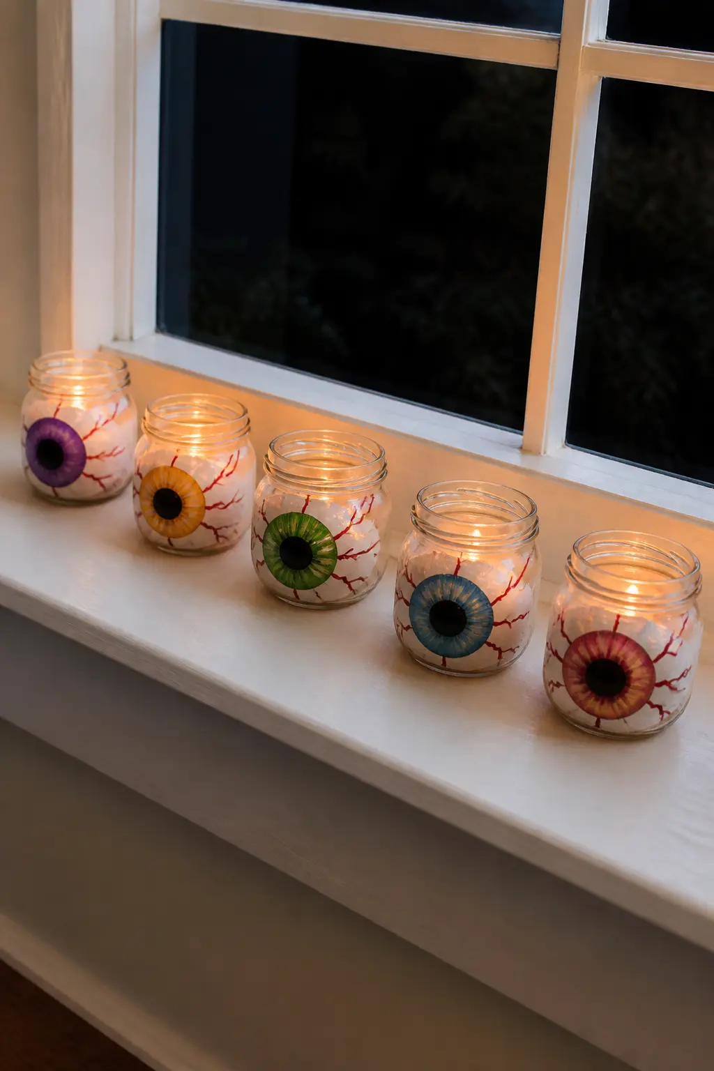 Eyeball Jar Window Sill Row — Line a window sill with small glass jars, each holding a glowing battery tea light. Halloween decorations diy eyeballs